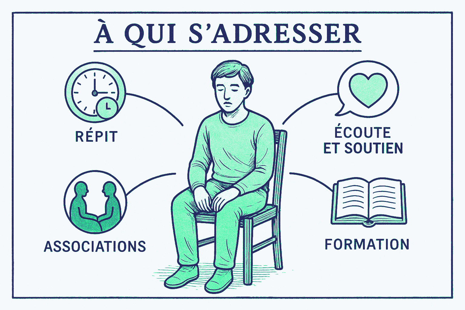 Schéma d'une personne aidante entourée de quatre ressources de soutien reliées par des traits : répit, écoute et soutien psychologique, associations et entraide, information et formation.
