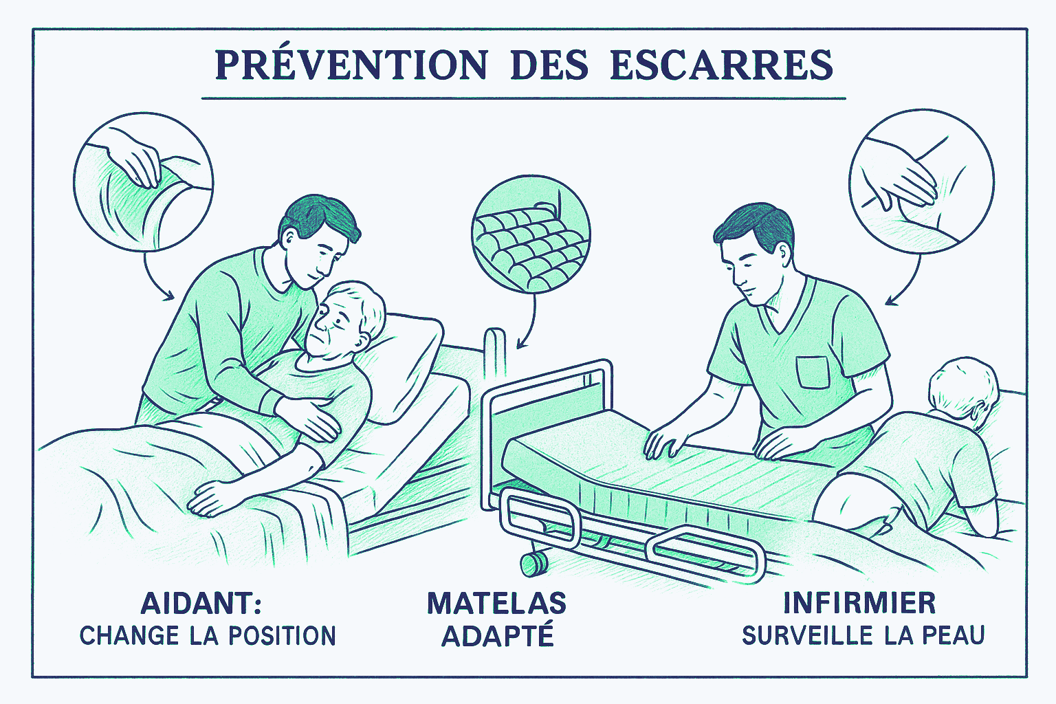 Schéma illustrant à domicile le rôle de l'aidant qui repositionne un proche dans son lit, un lit équipé d'un matelas adapté, et l'infirmier qui surveille la peau et pose un pansement