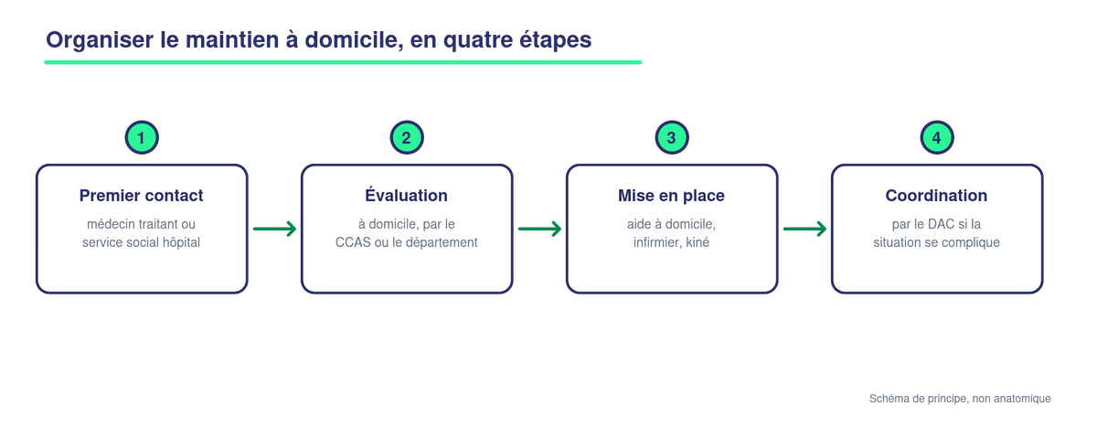 Schéma des quatre étapes pour organiser le maintien à domicile : premier contact avec le médecin traitant ou le service social de l'hôpital, évaluation à domicile par le CCAS ou le département, mise en place des intervenants (aide à domicile, infirmier, kiné), coordination par le DAC si la situation se complique