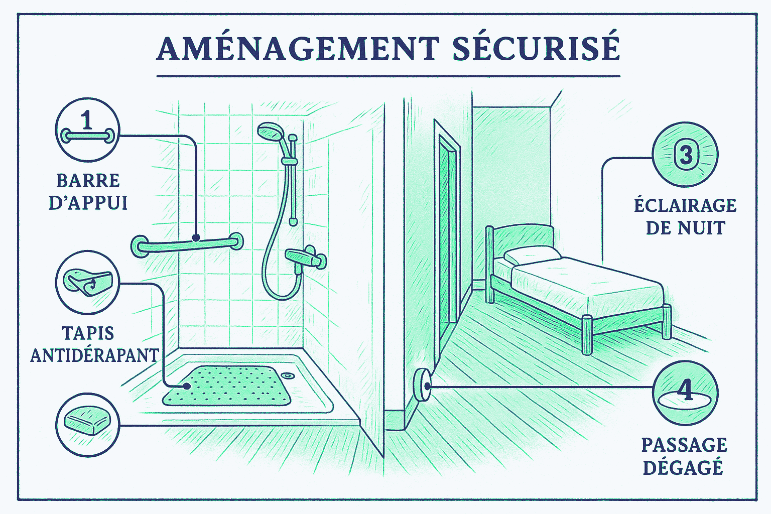Schéma de principe d'un logement adapté pour prévenir les chutes : dans la salle de bain, une barre d'appui près de la douche et un tapis antidérapant ; dans le couloir, un éclairage de nuit automatique ; dans la chambre, un passage dégagé sans tapis ni fil au sol