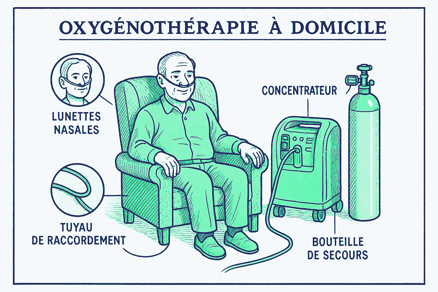 Planche illustrée d'une oxygénothérapie à domicile : patient assis dans un fauteuil portant des lunettes nasales, tuyau de raccordement courant au sol vers un concentrateur d'oxygène à roulettes, bouteille de secours debout contre le mur