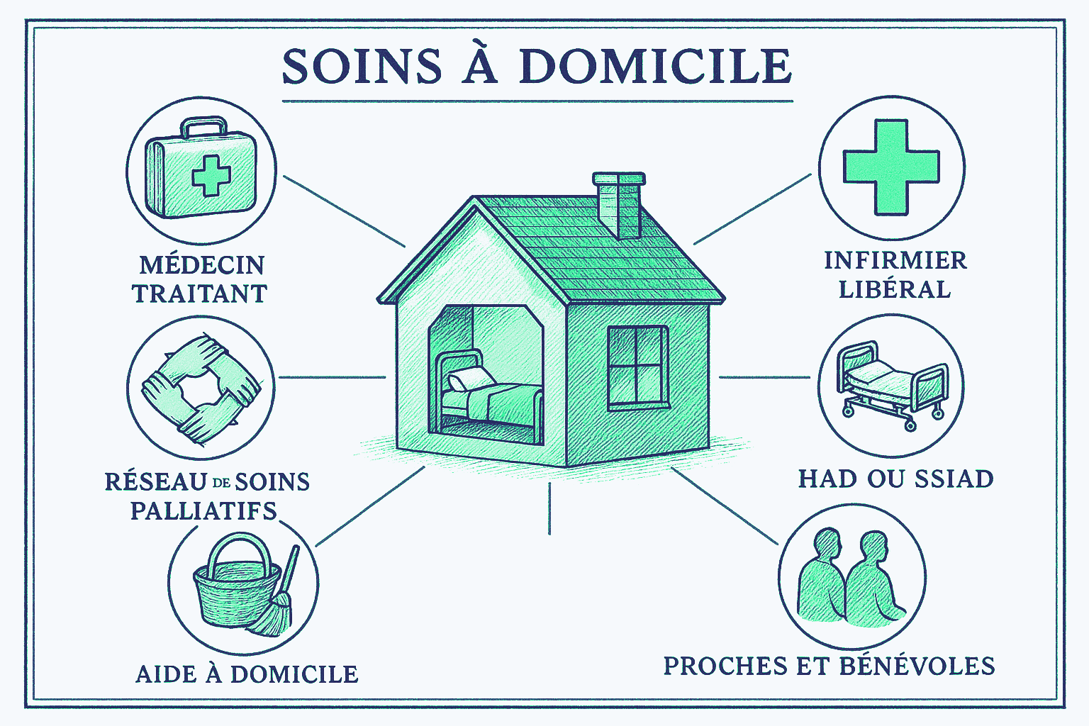 Schéma des intervenants des soins palliatifs à domicile : médecin traitant, infirmier libéral, HAD ou SSIAD, réseau de soins palliatifs, aide à domicile, proches et bénévoles, réunis autour du patient à domicile