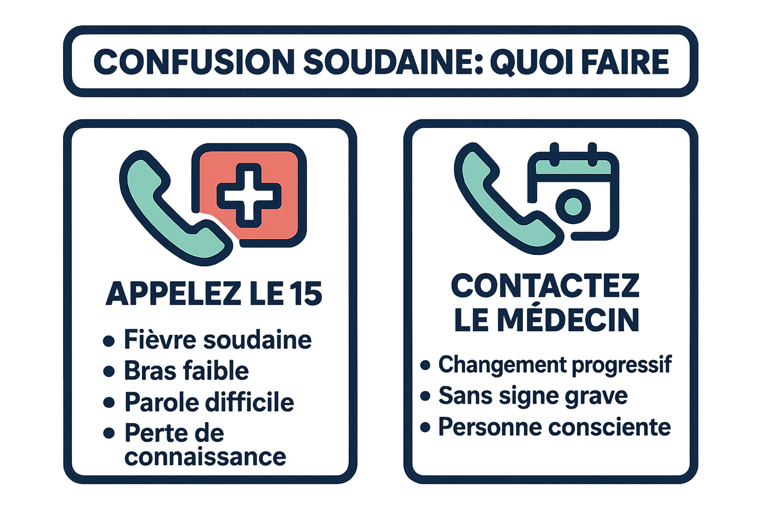 Schéma en deux colonnes : à gauche, signes qui imposent d'appeler le 15 en urgence (fièvre soudaine, bras faible, parole difficile, perte de connaissance) ; à droite, signes qui relèvent d'un appel au médecin traitant dans la journée (changement progressif, absence de signe grave, personne consciente).