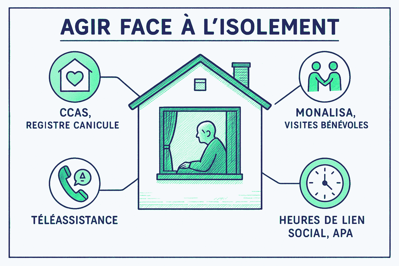Schéma des quatre dispositifs à mobiliser face à l'isolement d'une personne âgée à domicile : registre communal des personnes vulnérables auprès du CCAS, équipes bénévoles MONALISA, heures de lien social de l'APA à domicile, téléassistance